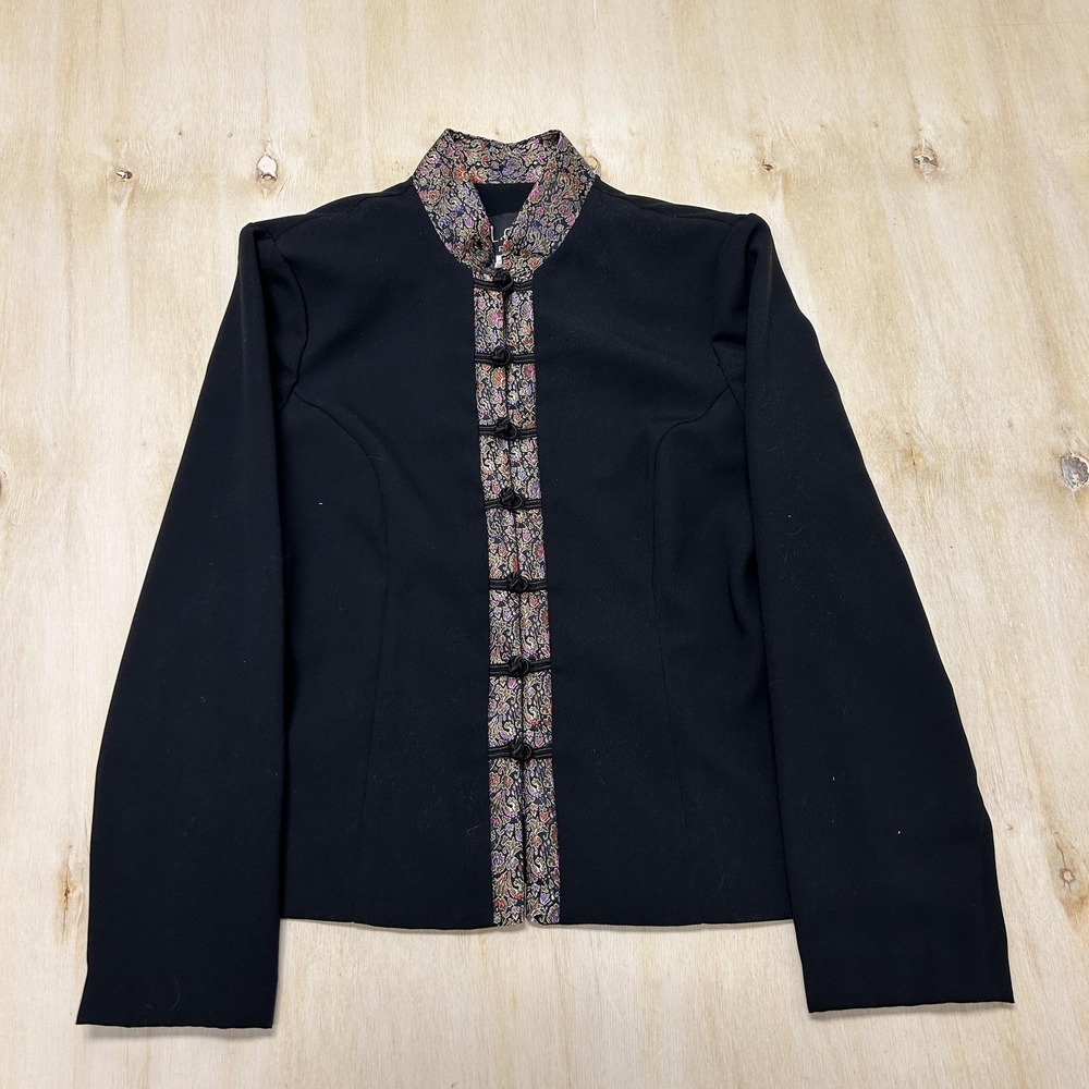 SL Fashions Suit Jacket Womens 6P Black Floral Brocade Dressy Frog Buttons USA